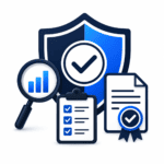 Security shield with checkmark, magnifying glass, and documents for data protection.