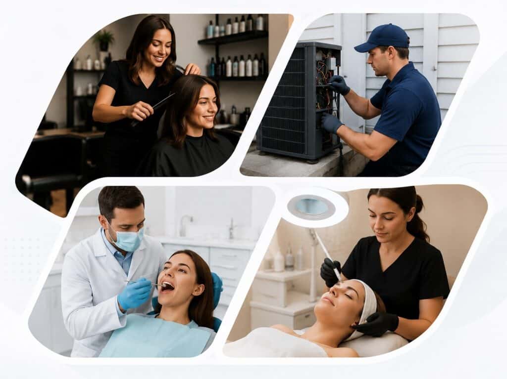 Images of hair styling, HVAC repair, dental treatment, and facial skincare services.
