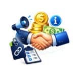 Handshake between business partners with money and info icons.