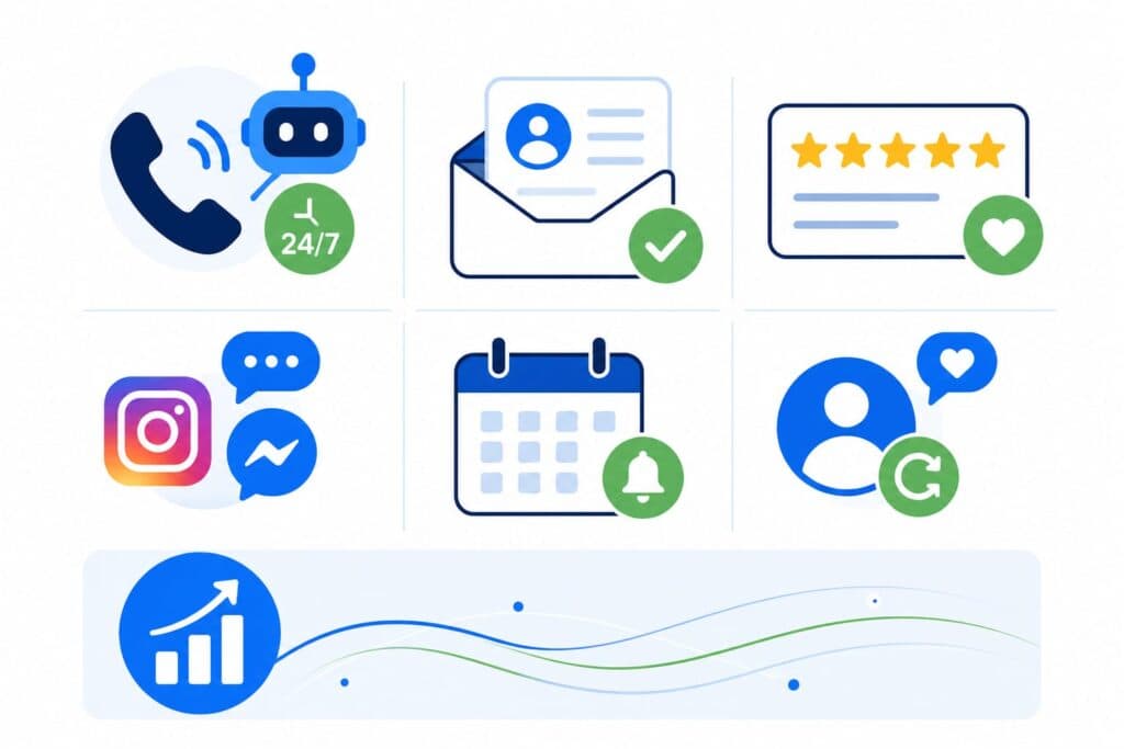 Collection of icons representing automation, communication, and customer engagement.
