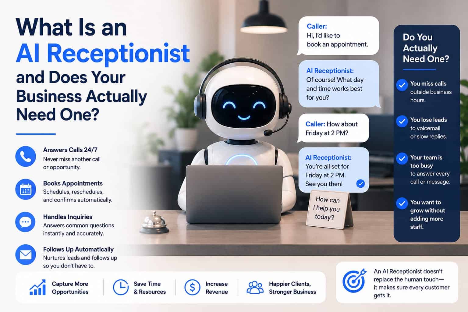 AI receptionist robot with speech bubbles explaining features and benefits.