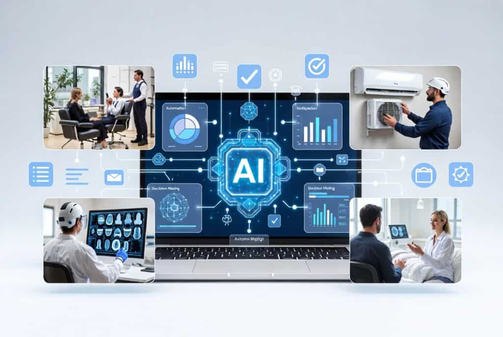 AI automation technology with data analytics and industrial automation visuals.